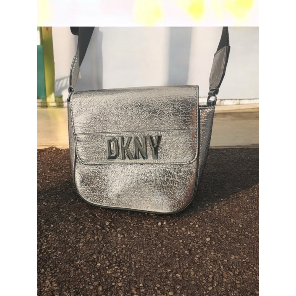 Women's DKNY Metallic Silver Textured Imina flap Crossbody Bag Small